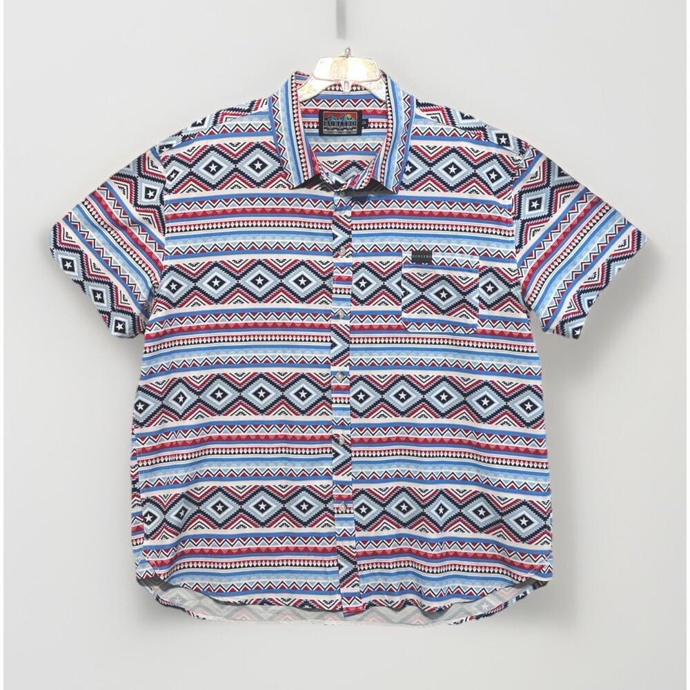 BURLEBO Performance Shirt Mens 2XL XXL Short Sleeve Button Up Patriotic Aztec